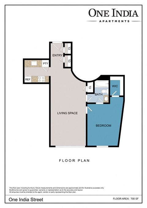 Floor plan for 1 bed, 1 bath, 700 sqft
